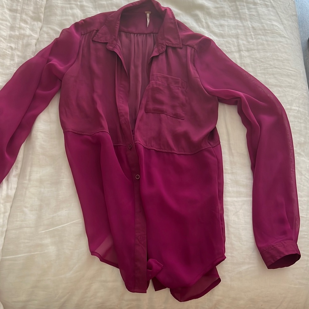FREE PEOPLE VINTAGE OVERSIZED MAROON/PURPLE BLOUSE XS SHEER